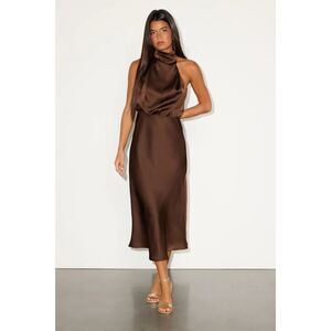 NWT CHERLEY Brown Satin Asymmetrical Sleeveless Mock Neck Midi Dress Size XS